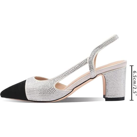 Women Slingback Pump Rhinestone Embellished Round Toe Chunky Heel Two Tone Pump - Picture 4 of 7